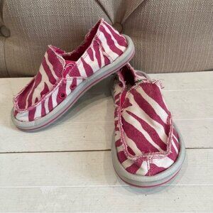 Sanuk Girl's Sideskip Slip On Shoes Pink & White Flats Sz 10